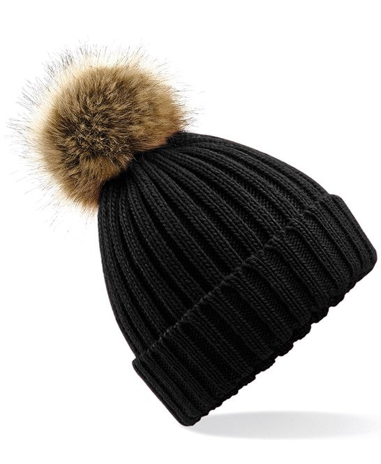 Black - Faux Fur Pom Pom Beanie Hat