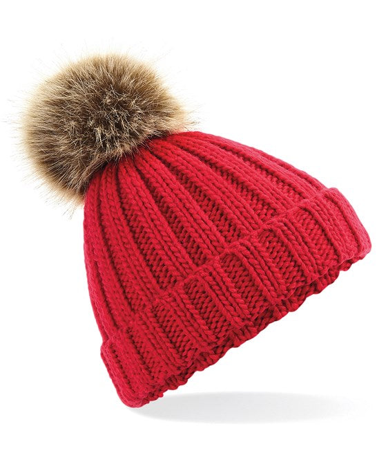 Classic Red - Faux Fur Pom Pom Beanie Hat