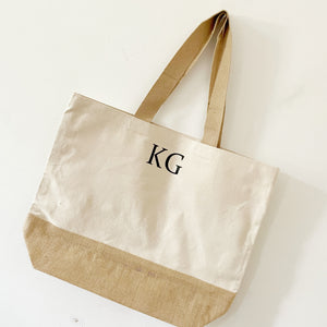 Monogrammed Cream Canvas Tote with Jute Base
